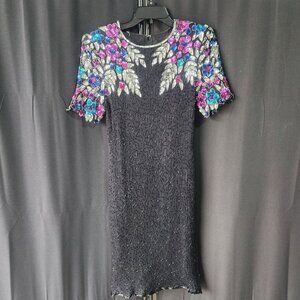 Vintage 80s Silky Nites 100% Silk Black Multicolor Sequin Beaded Floral Cocktail